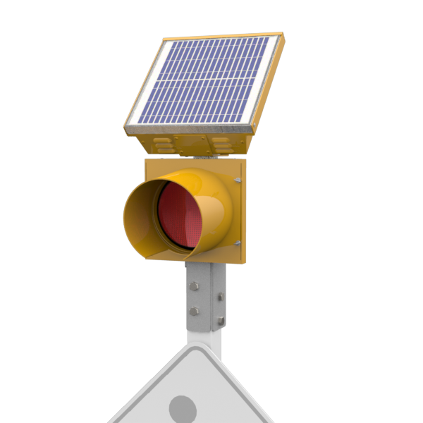 R247-E, 24 Hour 8" Red Flashing Beacon, Wood Post Mount, Integrated Solar Engine Yellow