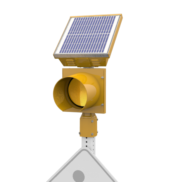 R247-E, 24 Hour 8" Yellow Flashing Beacon, Square 2 - 2.5" or Round 2.38 - 2.88" OD Post Mount, Integrated Solar Engine Yellow