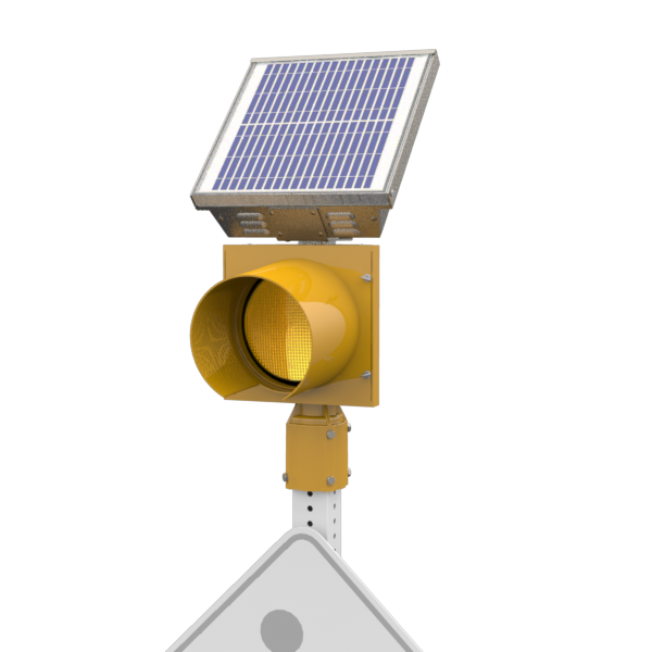 R247-E, 24 Hour 8" Yellow Flashing Beacon, Square 2 - 2.5" or Round 2.38 - 2.88" OD Post Mount, Integrated Solar Engine Natural Aluminum