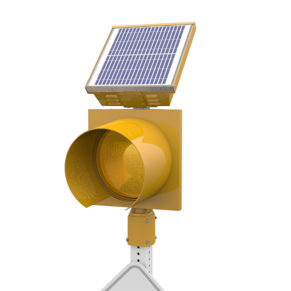 R247-E, 24 Hour 12" Yellow Flashing Beacon, Square 2 - 2.5" or Round 2.38 - 2.88" OD Post Mount, Integrated Solar Engine Natural Aluminum